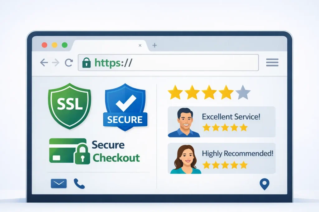 Hero graphic of a browser window with a green padlock, trust badges, and star ratings above the fold to illustrate website trust issues