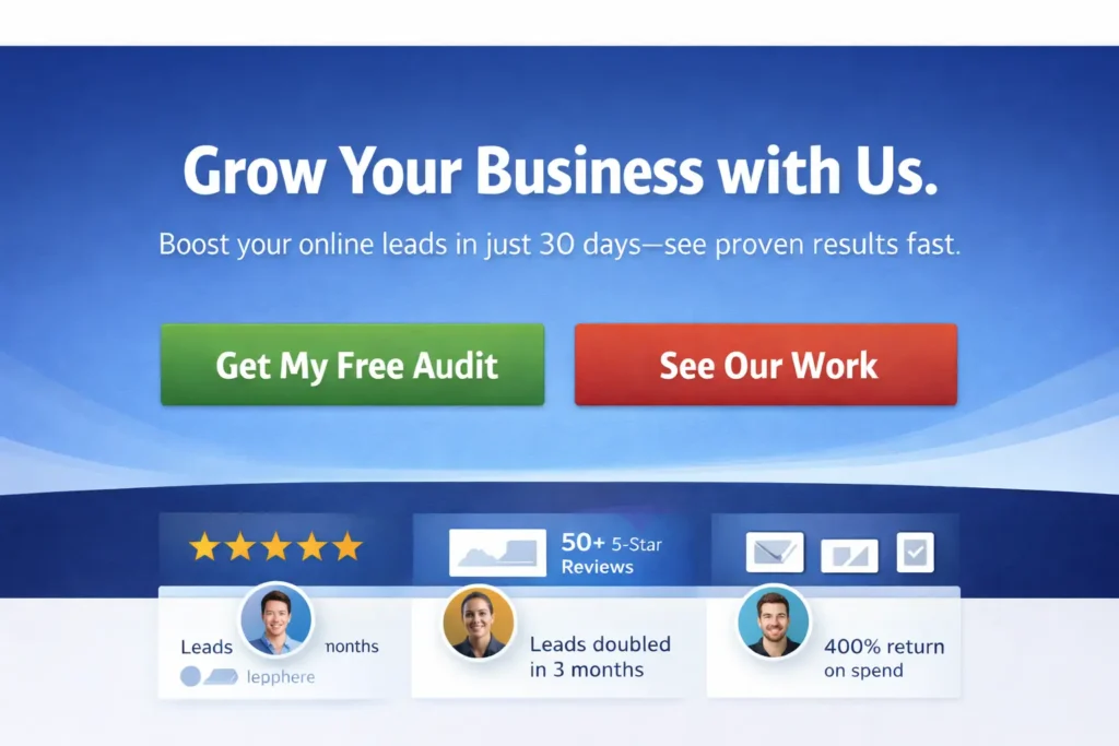 Why my website is not getting leads hero with clear CTA buttons, benefit headline, and proof bar