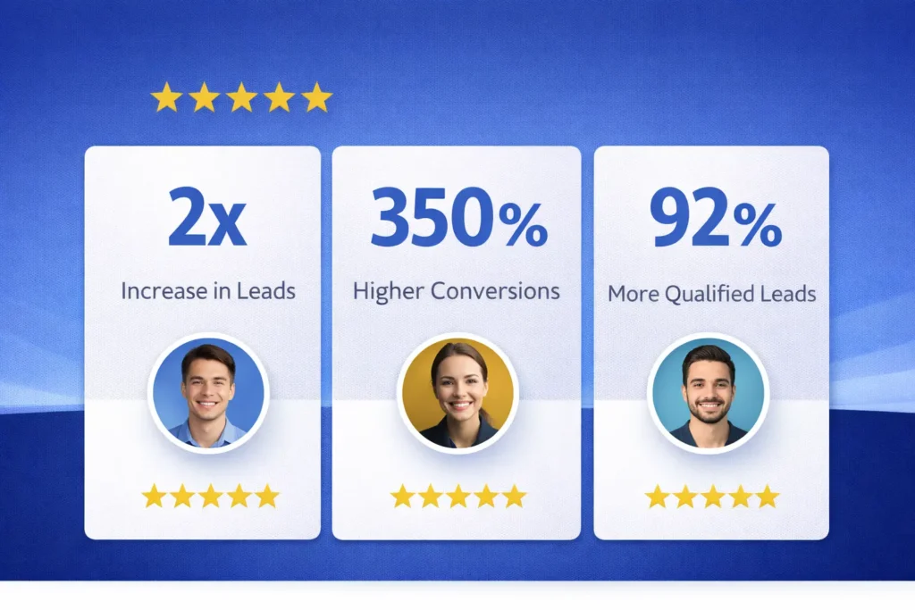 Social proof block example: small testimonial row with star rating, client photo, and short outcome number