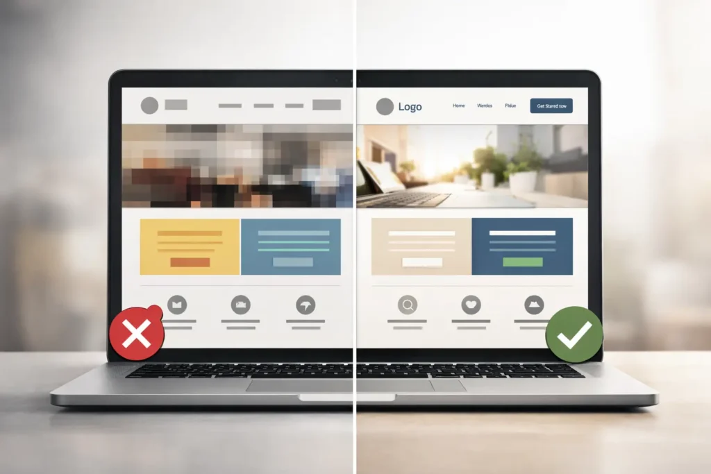 Before and after website design comparison showing a cluttered, unprofessional layout versus a clean, modern site; fixes for speed, typography, and trust.