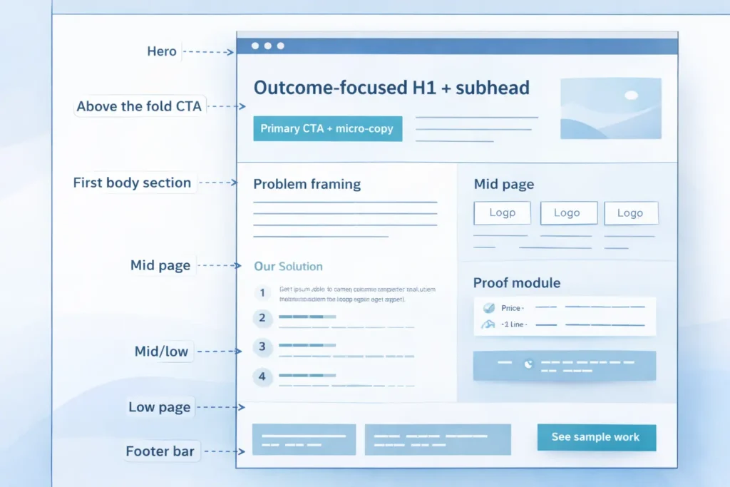 Close-up wireframe labeled with hero, CTA, problem framing, solution steps, proof, and footer—visual guide to web design content stragey.