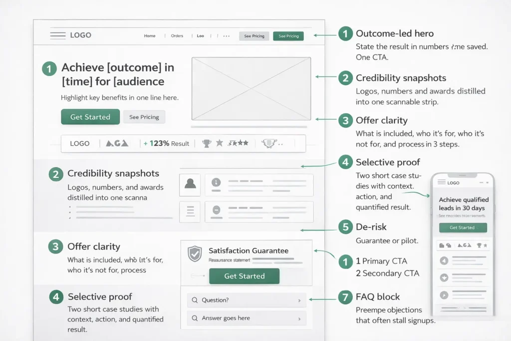 Wireframe of high-converting service page showing proof bar, single CTA, and risk reversal to fix website looks professional but no leads
