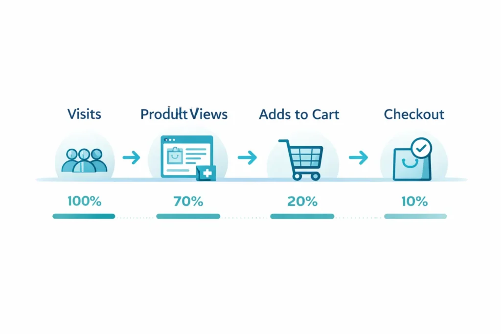 Website traffic but no sales funnel: Visits → Product Views → Adds to Cart → Checkout → Purchase with drop-off percentages
