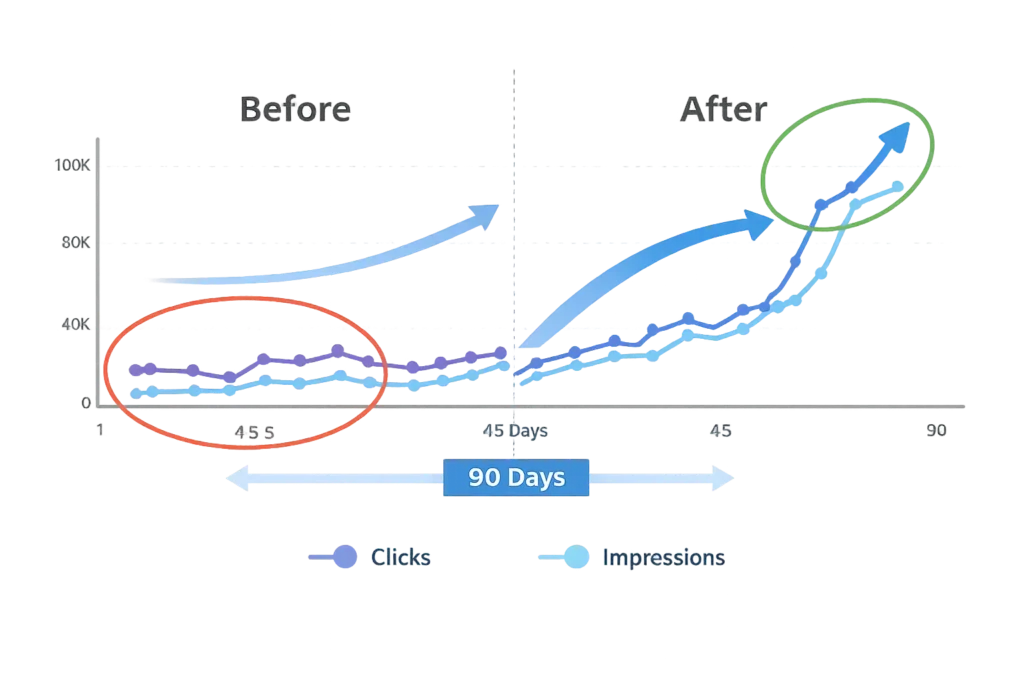 Before and after 90-day line chart showing clicks and impressions rising after SEO changes