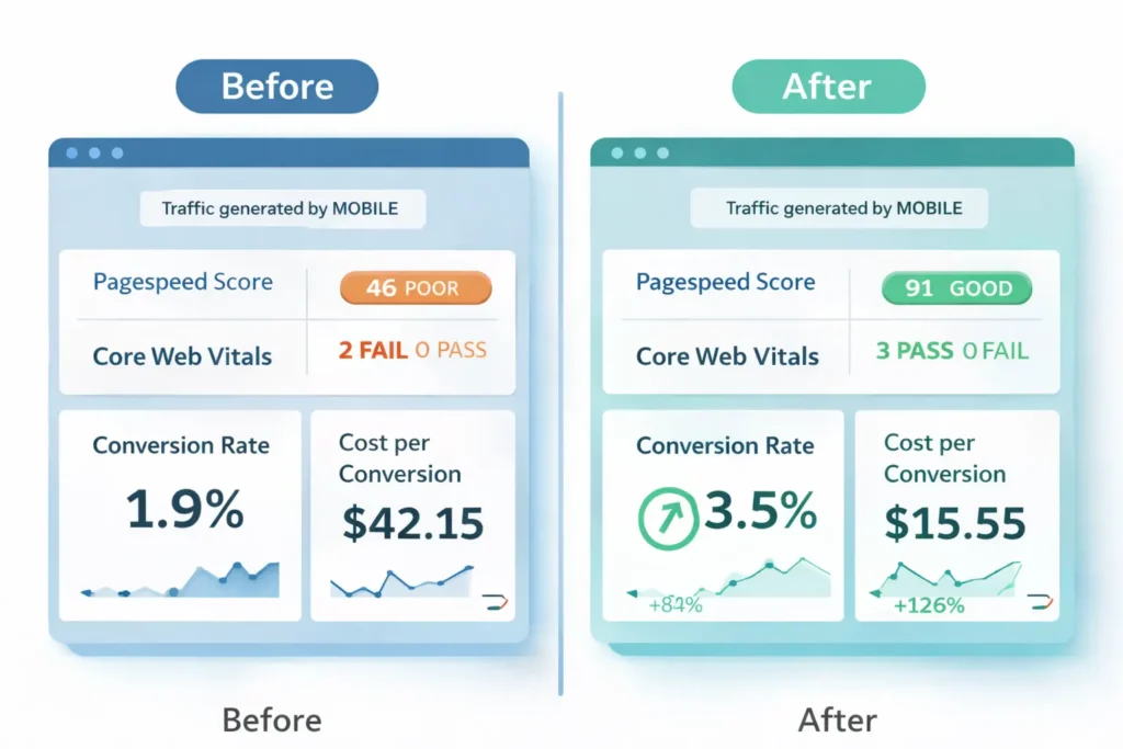 Before and after dashboard comparing mobile metrics after fixing my website is not mobile friendly—higher PageSpeed, passing Core Web Vitals, better conversion rate, and lower cost per conversion.