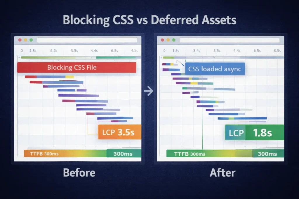 Why my site is slow example: network waterfall showing a single blocking CSS file delaying render compared with deferred assets