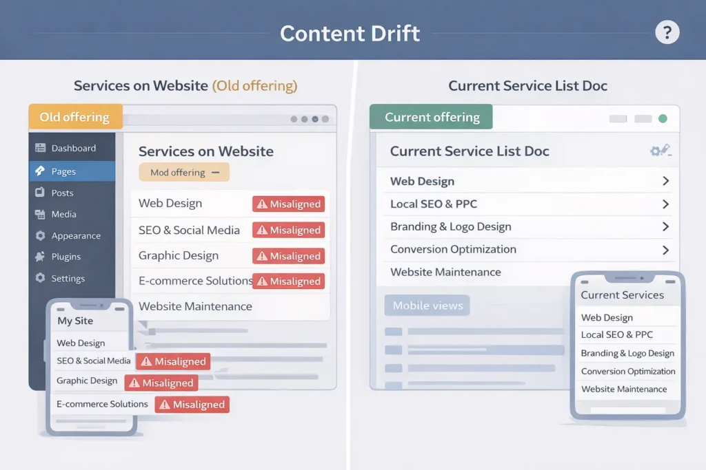 Content drift example showing outdated services on website versus current offering list, with misaligned items highlighted