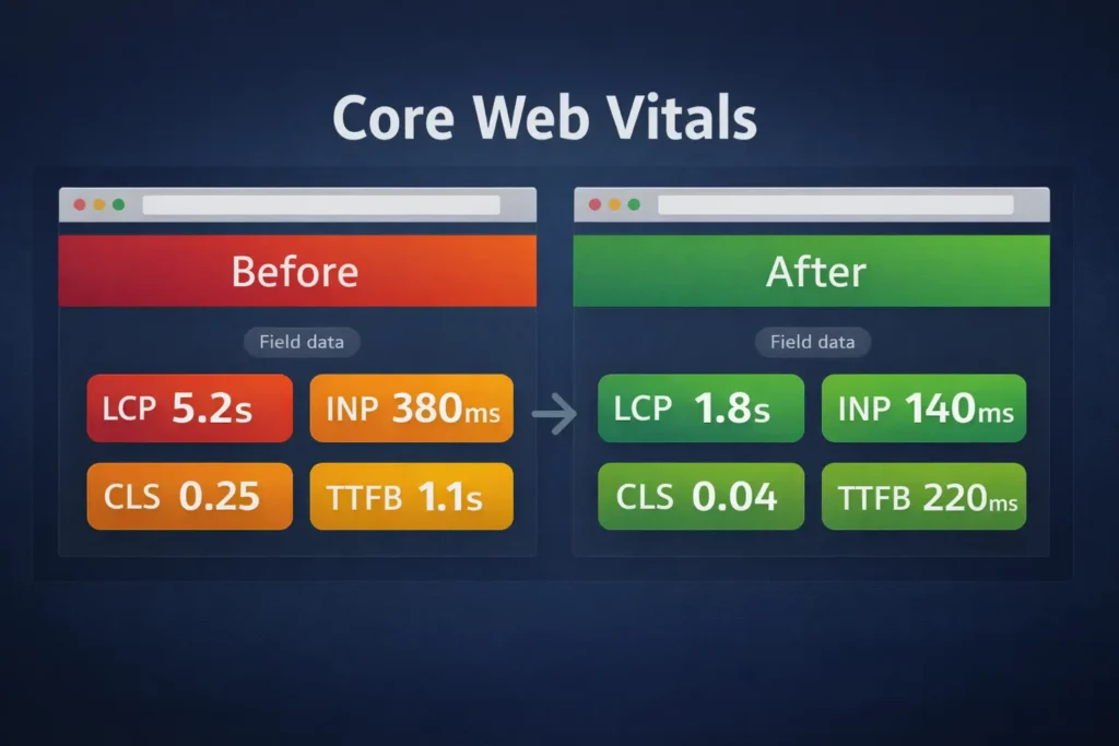 Why my site is slow comparison: Core Web Vitals before and after showing LCP, INP, CLS, and TTFB improvements