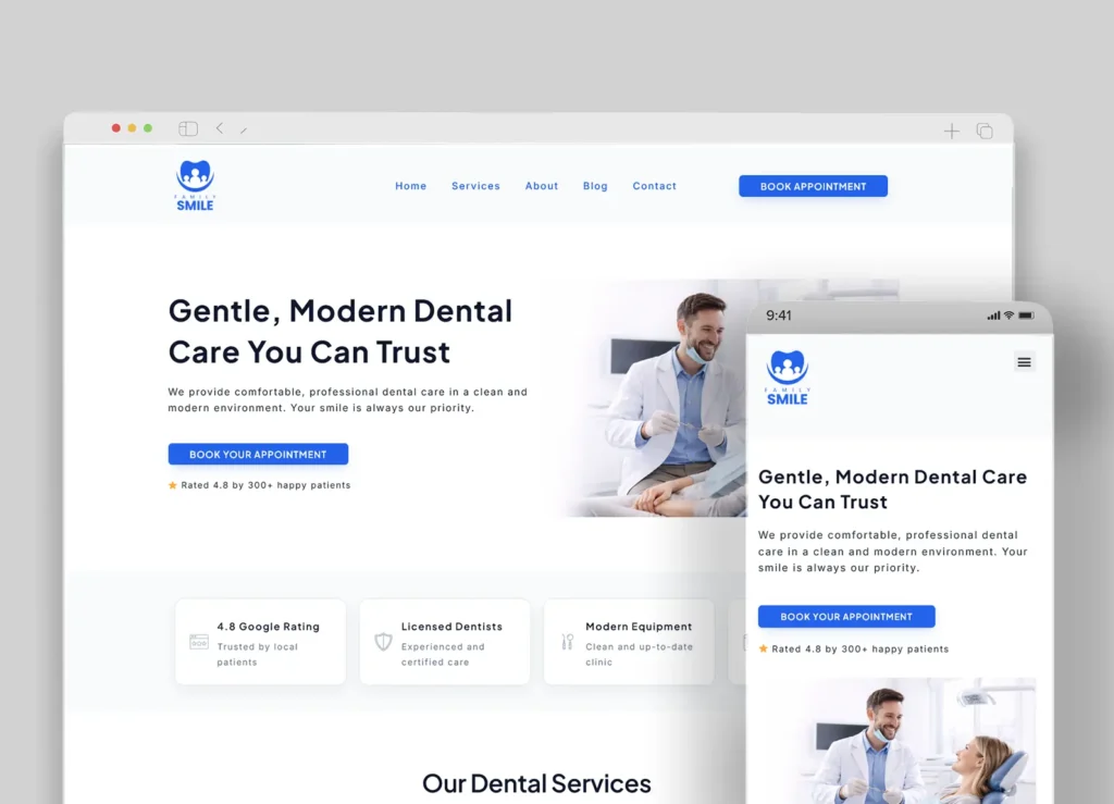 Modern dental clinic website design with appointment booking and responsive layout