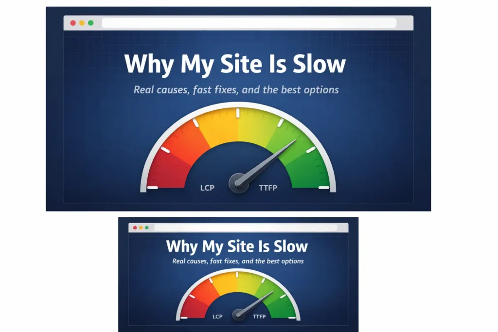 Why my site is slow: speed gauge inside a browser mockup showing LCP, INP, and TTFB improving from red to green
