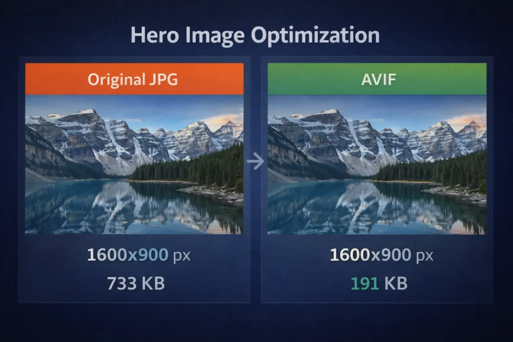 Why my site is slow example: hero image optimization comparing original JPG and AVIF at 1600x900 with smaller file size and similar quality