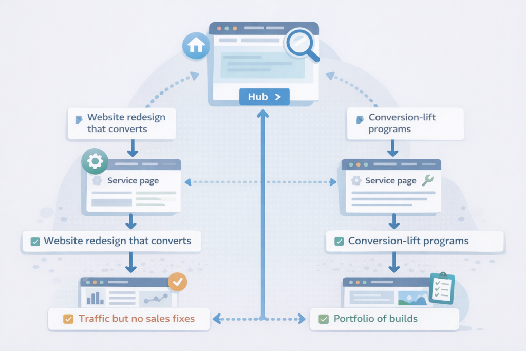 Internal linking map showing hub pages linking to service pages and case studies with example anchor texts