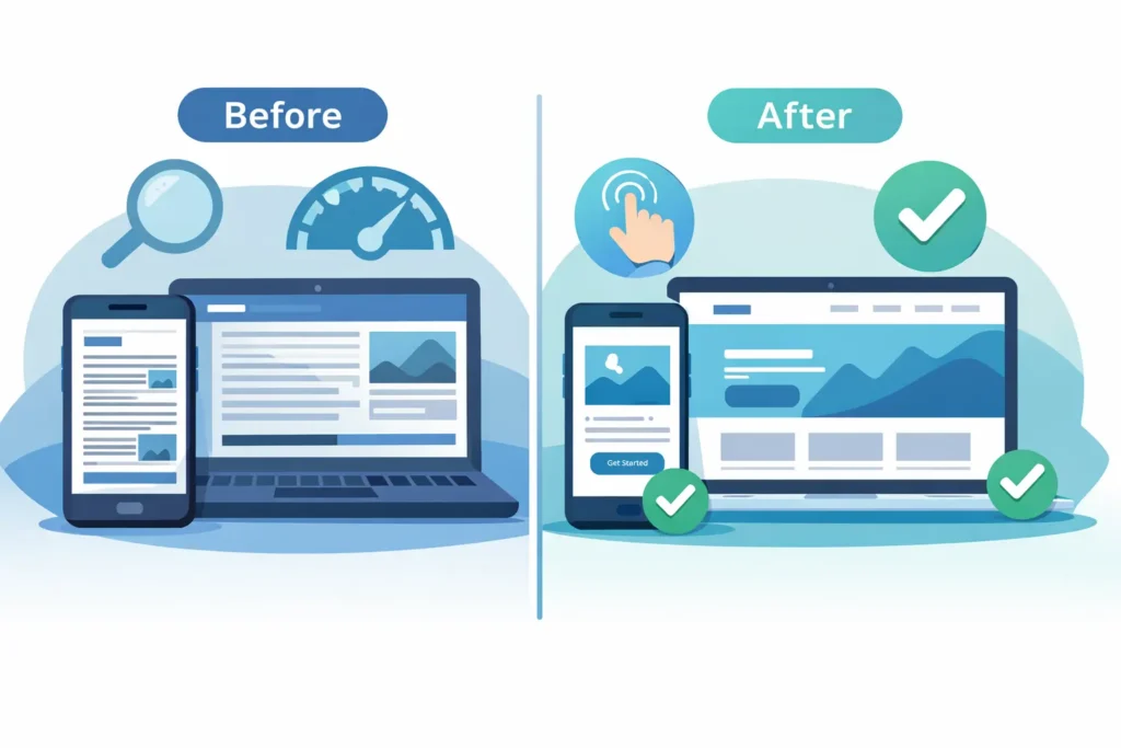Before and after fixing my website is not mobile friendly: smartphone and laptop showing a clean, responsive homepage with readable text and tappable CTAs.