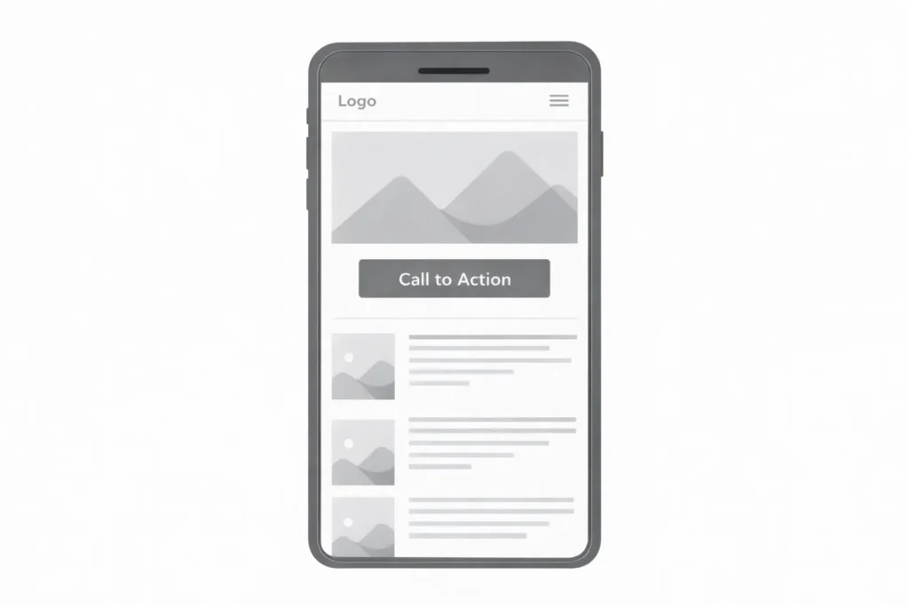 Wireframe of a mobile homepage with clear hierarchy, large CTA, and scannable sections—guide to fixing my website is not mobile friendly layouts.