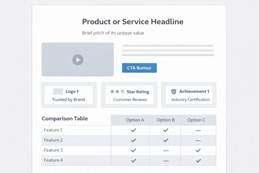 Wireframe of a modern service page with trust blocks, video area, CTA, and a feature comparison table