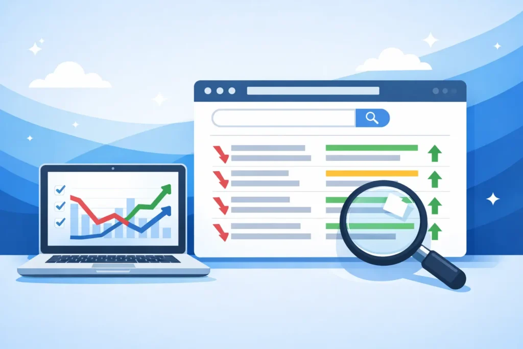 Illustration of analytics lines rising and SERP arrows to explain why “my website does not rank”