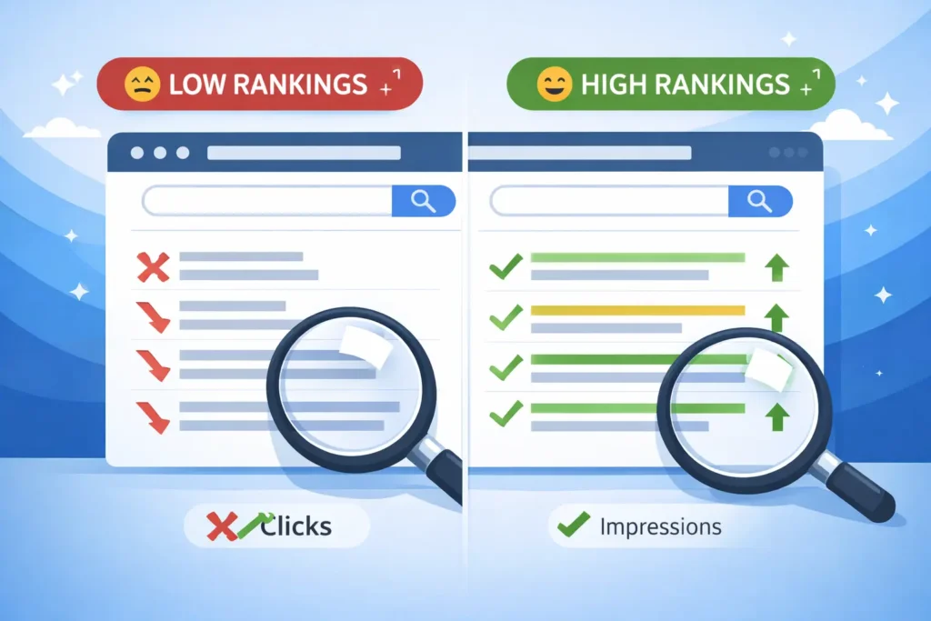 Hero graphic comparing low vs high SERP results — guide for fixing “my website does not rank”