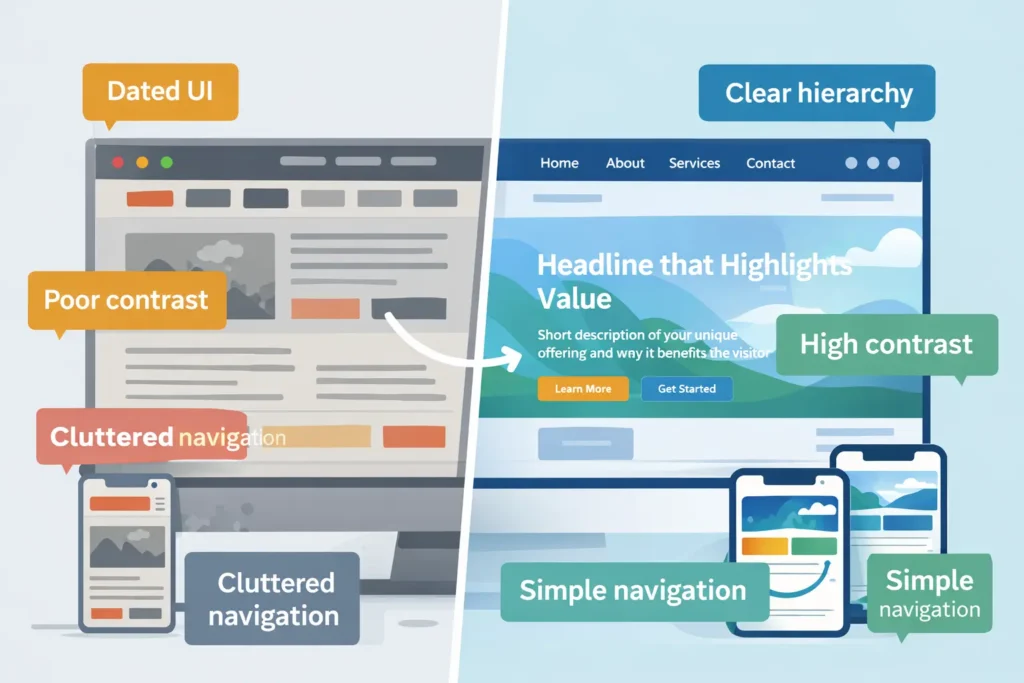 Homepage before-and-after showing why my website is outdated: dated UI, low contrast, cluttered navigation
