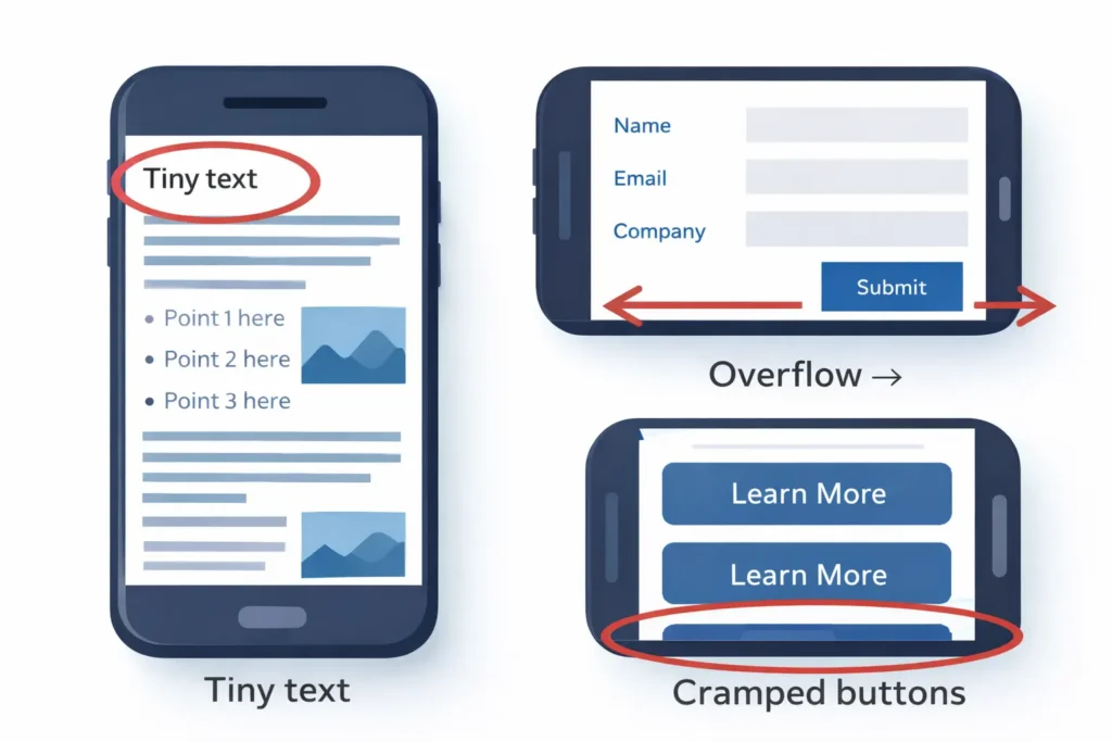 Annotated collage showing tiny text, horizontal overflow, and cramped buttons on a phone screen—common issues when my website is not mobile friendly.