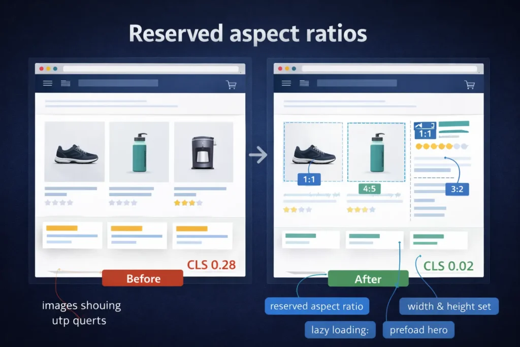 Why my site is slow example: product grid before and after reserving image aspect ratios to reduce CLS from 0.28 to 0.02