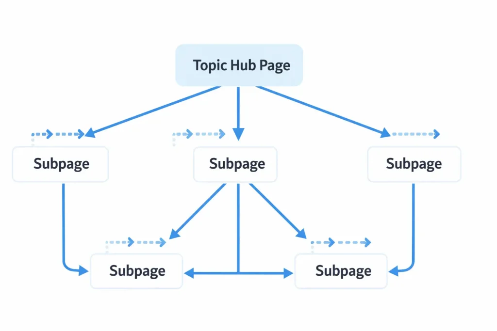 Simple topic hub and subpages diagram with arrows showing internal links back to the hub