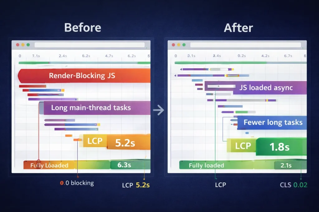 Why my site is slow waterfall comparison: before and after deferring JavaScript showing fewer blocking requests, shorter long tasks, and faster LCP