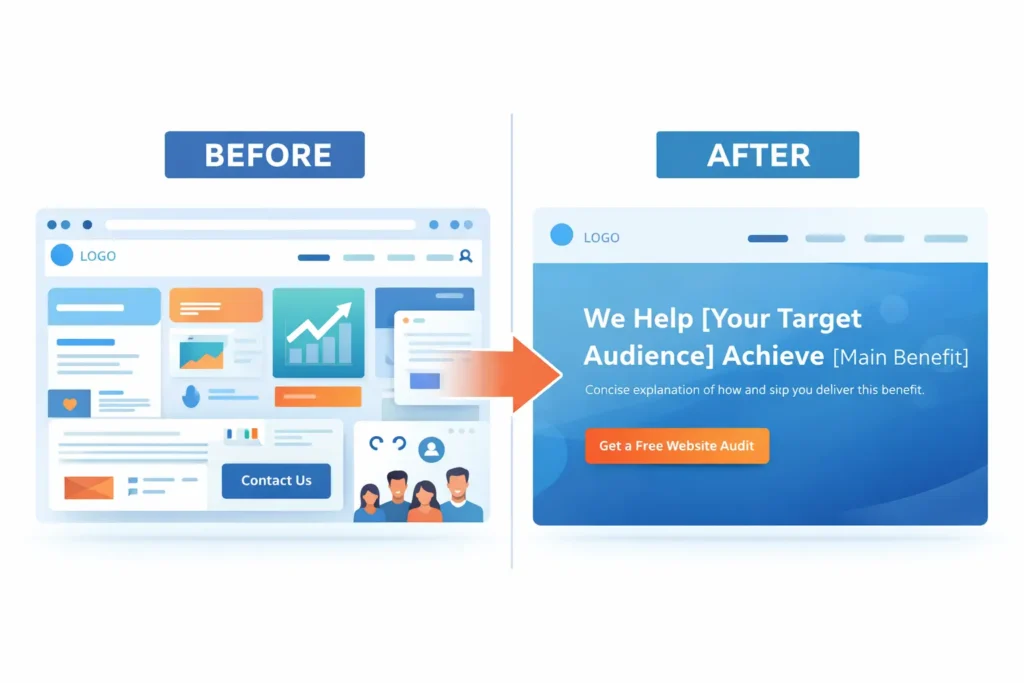 Before and after homepage mockup with focused value proposition and single CTA to fix a website not bringing customers