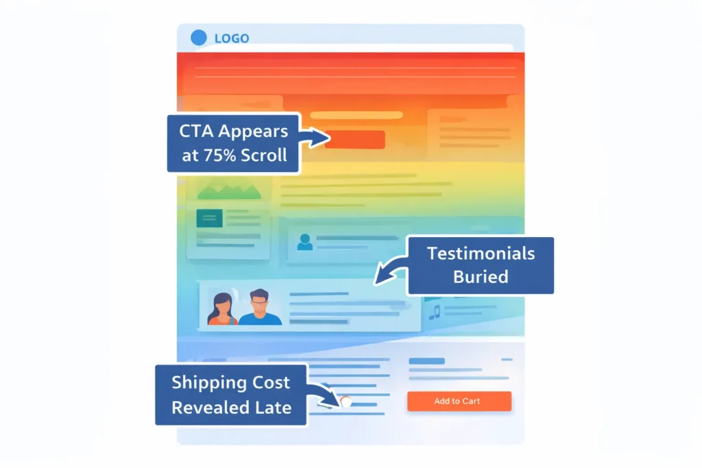 Heatmap and scroll-depth graphic highlighting late CTAs and proof gaps on a website not bringing customers