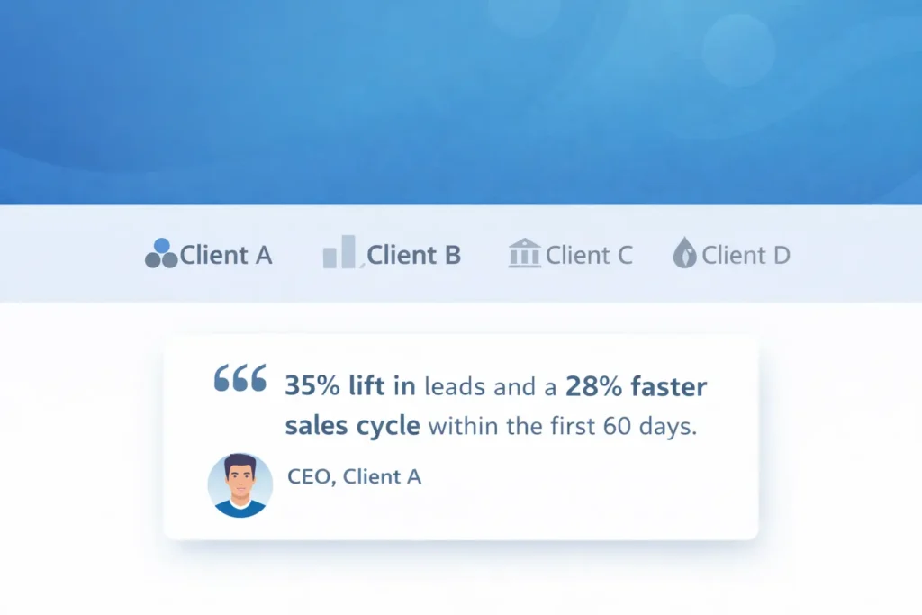 Client logos and testimonial showing lift in leads to build trust for a website not bringing customers