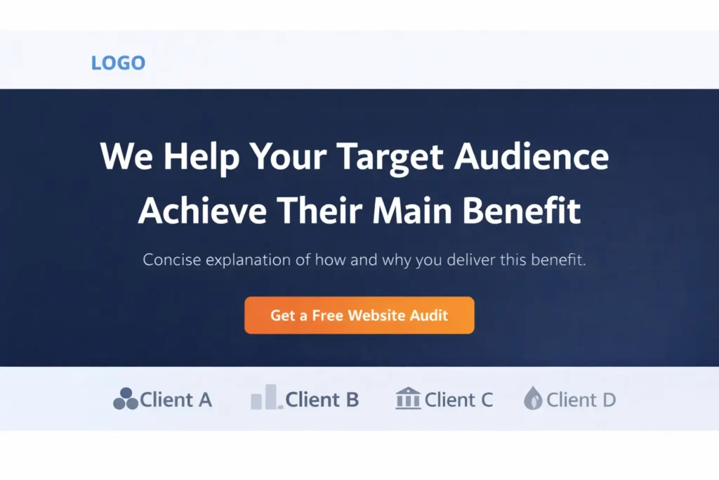 High-contrast hero with headline, subhead, logo strip, and single CTA for a website not bringing customers