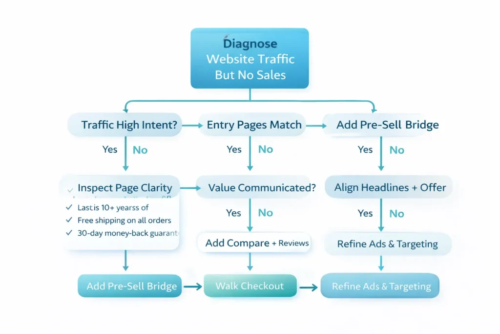 Website traffic but no sales flowchart with yes/no decisions guiding fixes from intent checks to checkout improvements