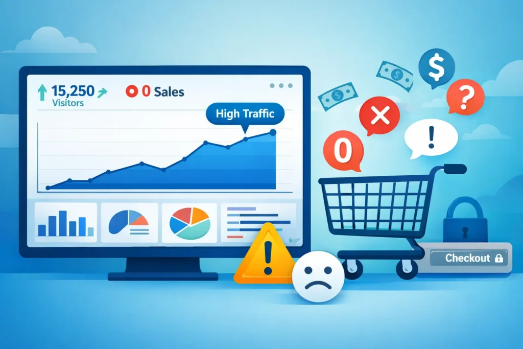 Website traffic but no sales: analytics up, empty cart, warning icons, locked checkout button