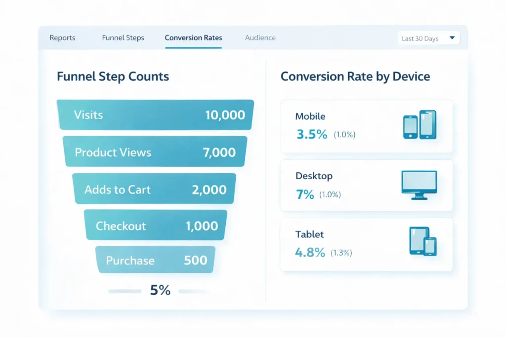 Website traffic but no sales dashboard showing funnel step counts and conversion rate by device