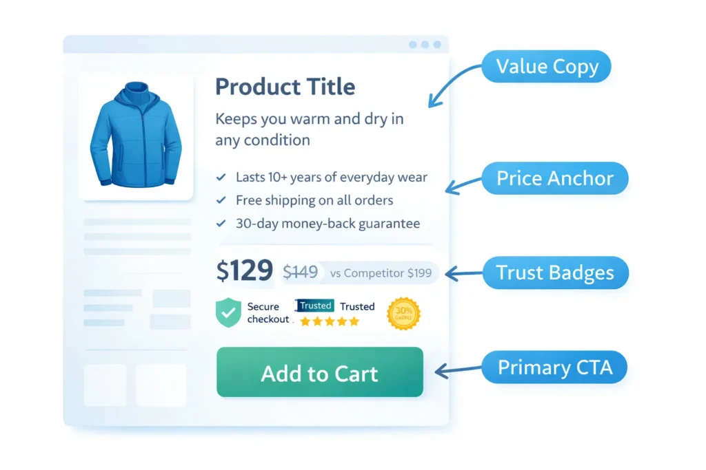 Website traffic but no sales fix: product page annotated with value copy, price anchor, trust badges, and primary CTA