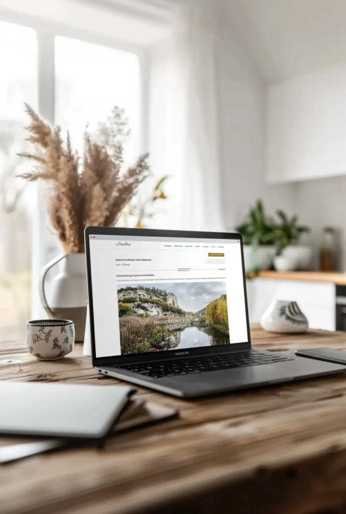 Laptop displaying a small business website on a clean modern workspace with natural light
