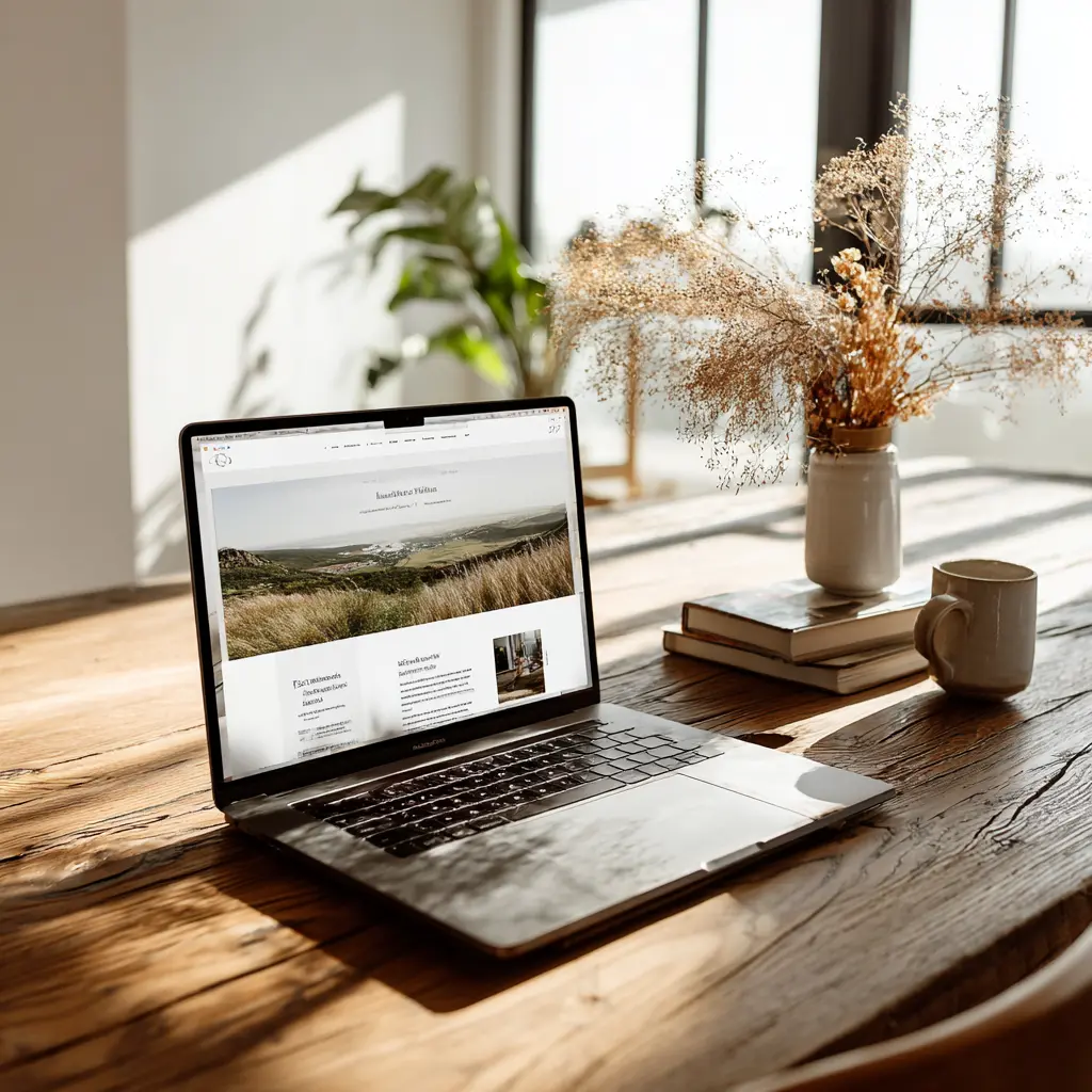 Web design workspace with laptop showing a small business website in a clean professional setting
