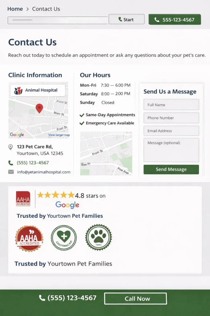 Contact page mockup for an animal hospital website showing map, clinic hours, click-to-call button, review badges, and simple appointment form