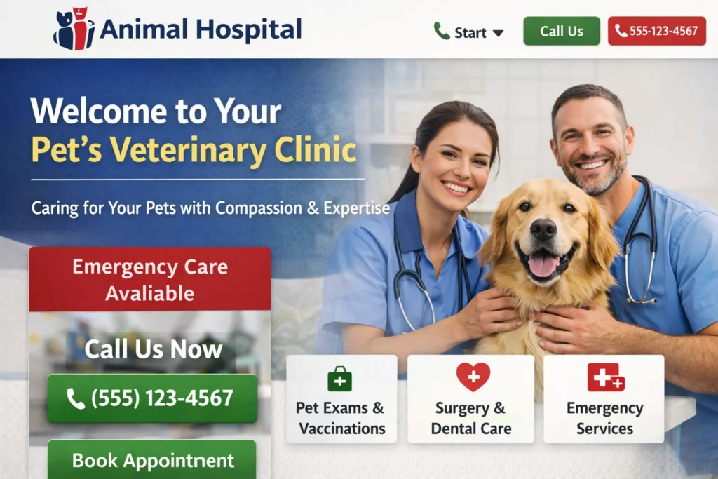 Hero section mockup for an animal hospital website showing emergency CTA, appointment button, phone number, veterinary team, and dog