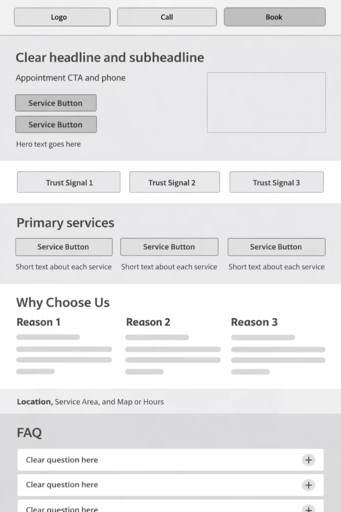 Wireframe of an animal hospital homepage showing hero section, trust signals, services, why choose us, location, FAQ, and final call to action