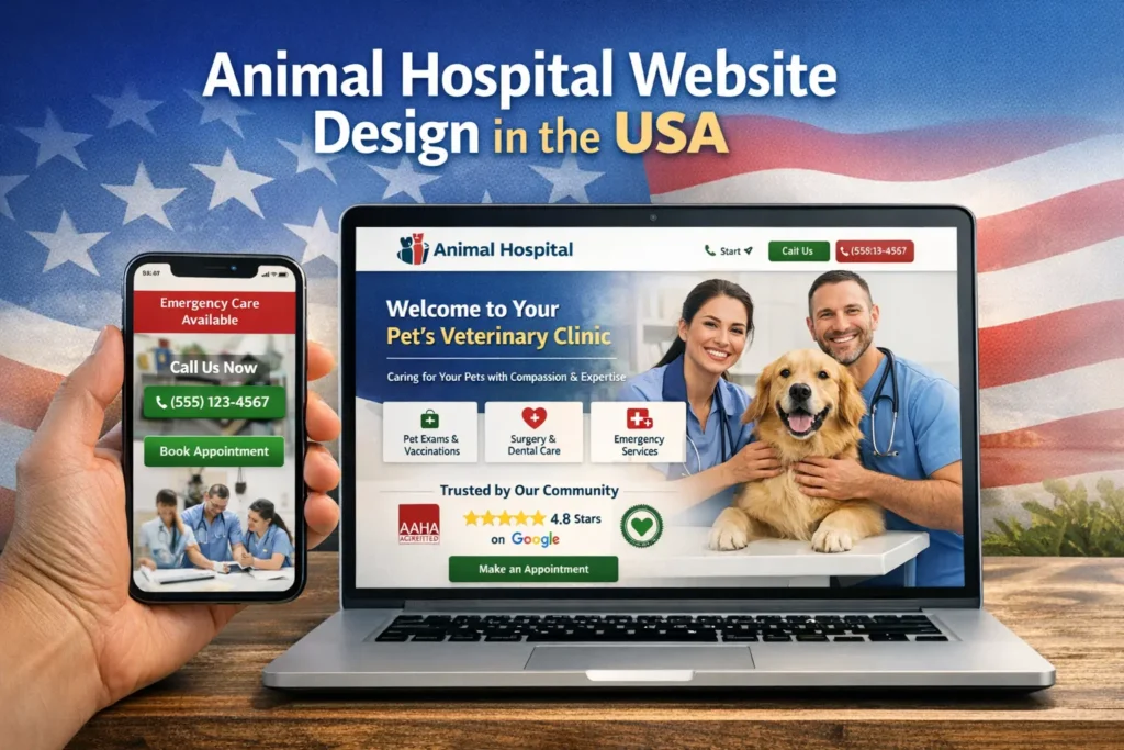 Animal hospital website design example for a U.S. veterinary clinic with mobile-friendly layout, booking button, and local trust elements