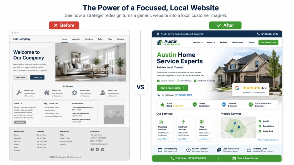 Before-and-after comparison of a generic homepage versus a focused local service landing page with stronger CTA, reviews, trust badges, and service-area proof.