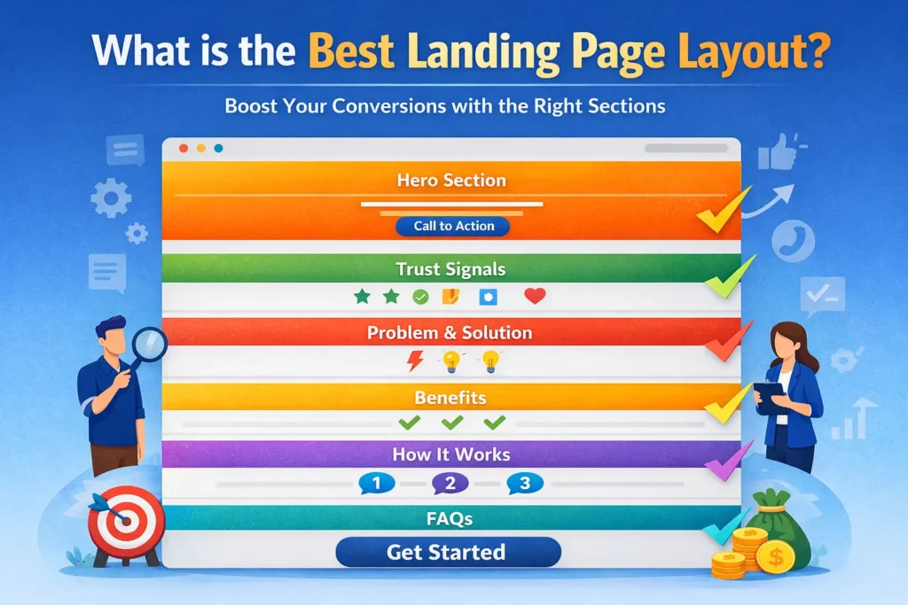 Illustration showing the best landing page layout with key sections like hero, trust signals, problem and solution, benefits, process, FAQs, and call to action