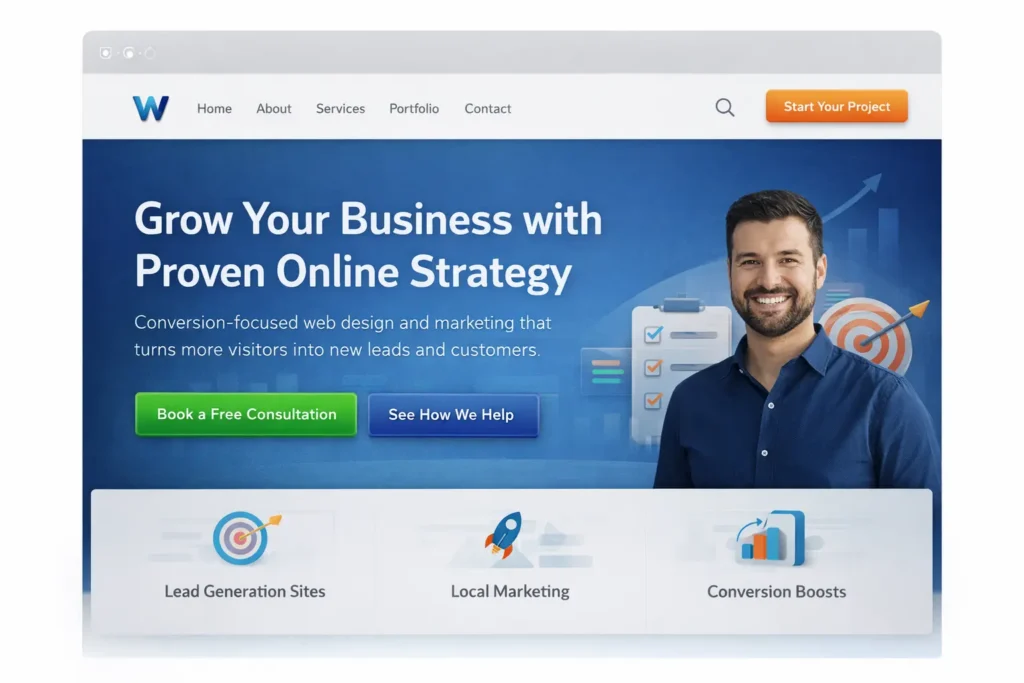 Call to action website homepage mockup showing a hero section with a primary CTA and secondary CTA designed to increase leads and conversions