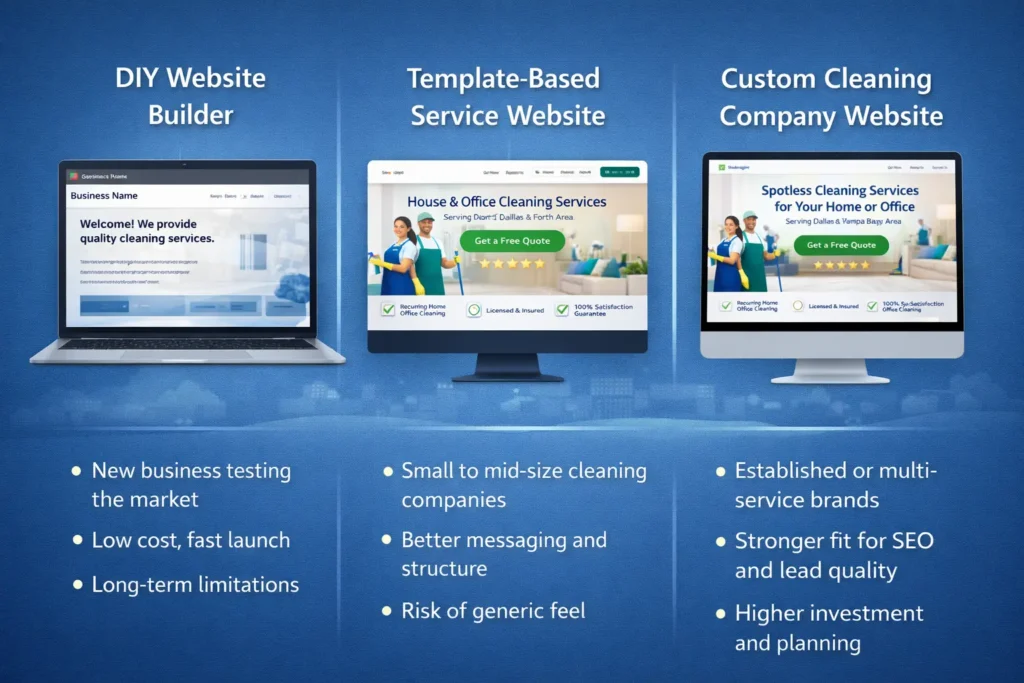 Comparison visual of DIY website builder, template-based service website, and custom cleaning company website with best-fit business stage notes