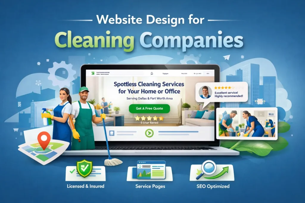 Cleaning company website design shown on a laptop with quote button, trust badges, service pages, and SEO elements