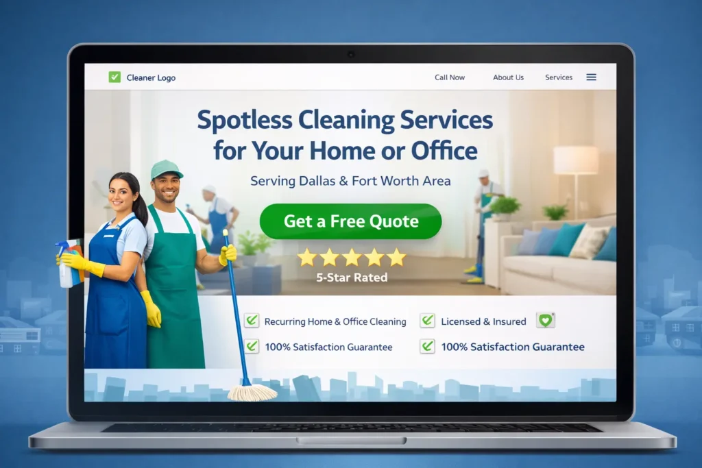 Cleaning company website design hero mockup with clear quote button, review stars, and service-area text above the fold