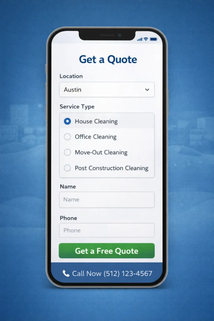 Mobile view of a short cleaning quote form with city selector, service type options, and visible call button