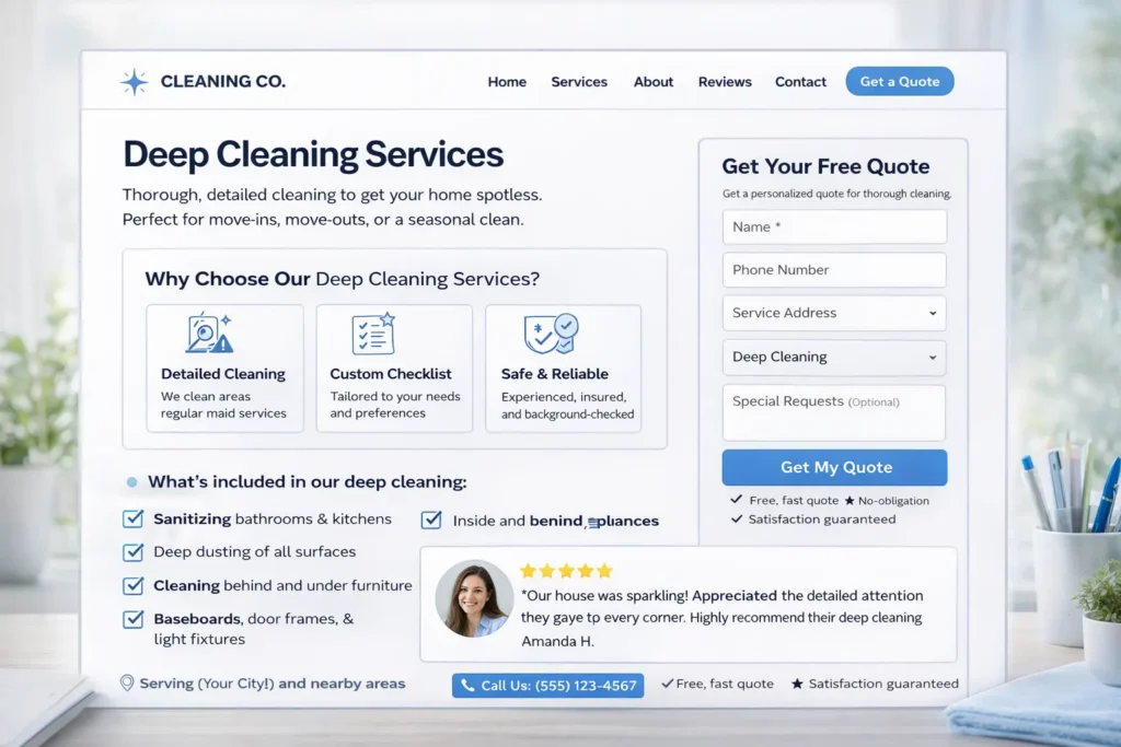 Service page wireframe mockup for a cleaning company showing heading benefits checklist testimonial and CTA form