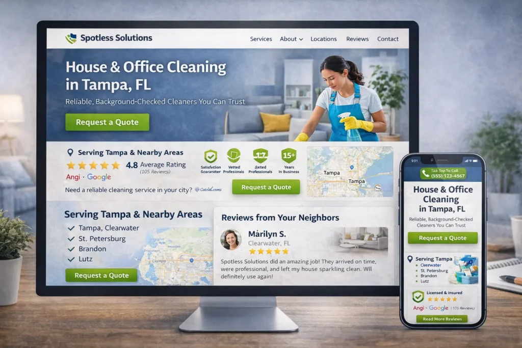 Desktop and mobile cleaning service website comparison with reviews, service area section, and clear call-to-action placement
