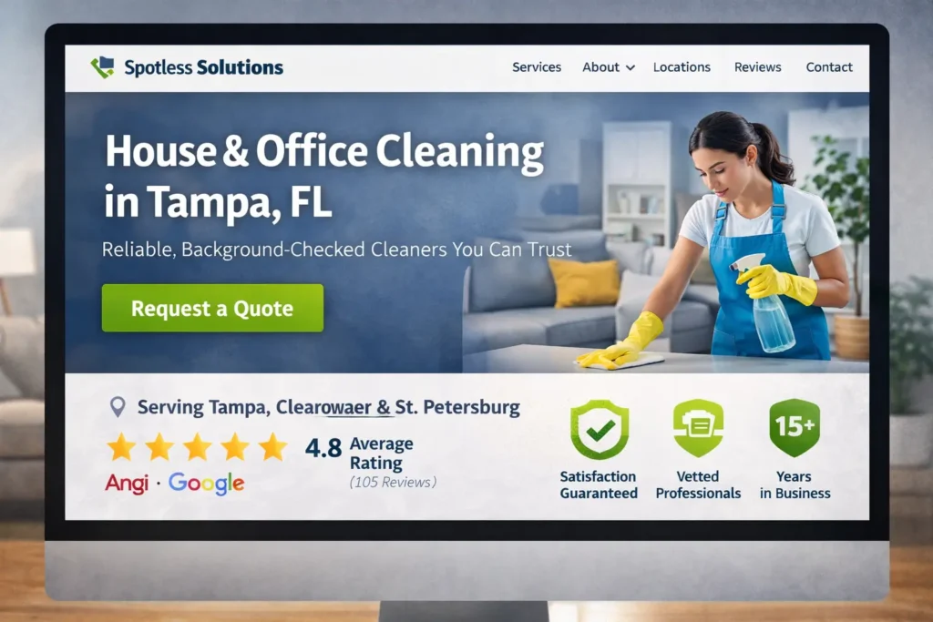 Cleaning service website homepage mockup for a local cleaning company with trust badges, service area text, review stars, and a Request a Quote button